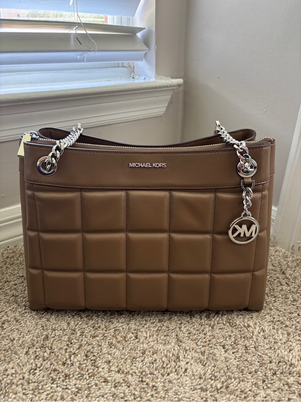 Michael Kors Chestnut Quilted Leather Shoulder Bag with Silver Hardware
